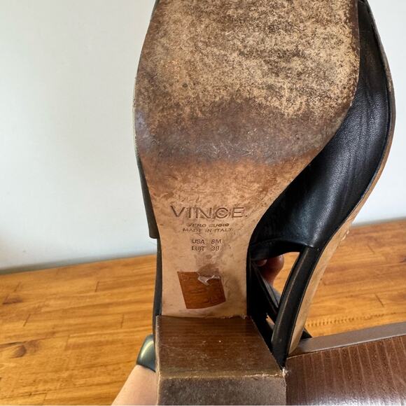 Vince Women's Faye Black Leather Peep Toe Ankle Strap Heels Size 8 - Picture 3 of 5